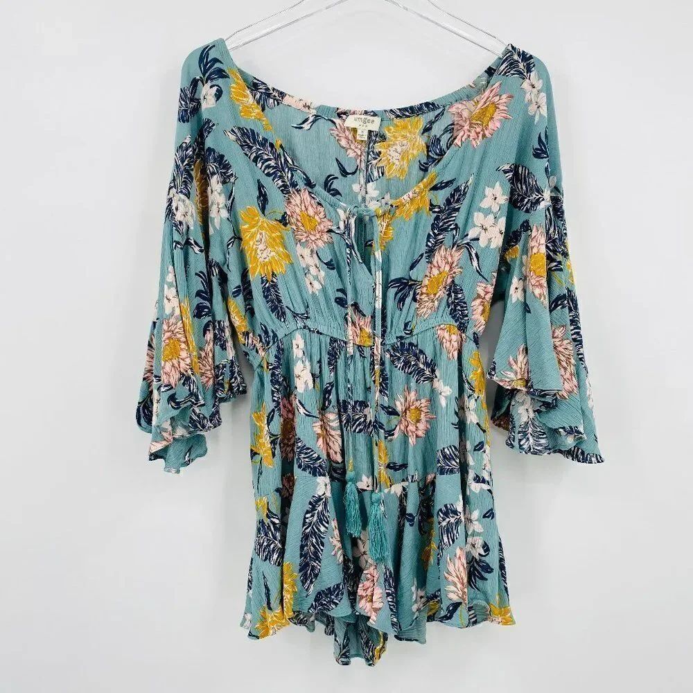 Umgee Size Small Blue Floral Boho Bell Sleeve Tassel Romper Flutter Legs